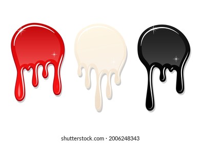 La mancha de pintura con goteo 3D establece un fondo blanco aislado. Rojo, tinta negra salpicada. Splatter textura de mancha. Disminuir el diseño. Material de arte de flujo. Caída líquida. Líquido de mancha de salpicadura fluida. Ilustración del vector