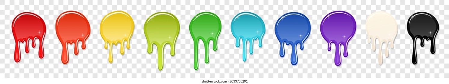 Drip paint spot 3D set isolated white background. Rainbow blob ink splash. Splatter stain texture. Dribble down design. Flow art material. Liquid drop. Fluid color stain liquid. Vector illustration