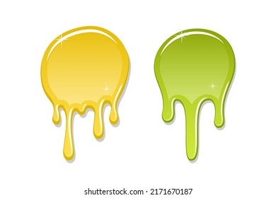 Drip paint spot 3D set isolated white background. Green, yellow ink splash. Splatter stain texture. Dribble down design. Flow art material. Liquid spill drop. Fluid stain liquid. Vector illustration