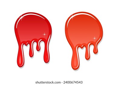 La mancha de pintura con goteo 3D establece un fondo blanco aislado. Tinta roja y naranja salpicada. Splatter textura de mancha. Disminuir el diseño. Material de arte de flujo. Caída líquida.