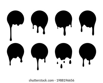 Drip paint stickers. Black melted badges. Ink stains. Dripping circles set. Round shape silhouettes with flowing drops. Abstract graffiti elements. Fluid textures. Vector dirty spots