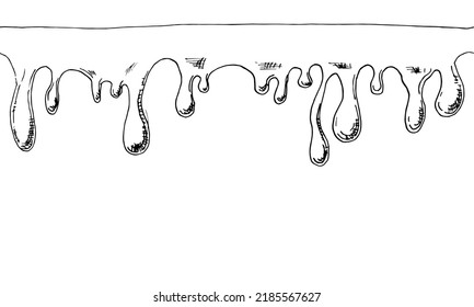 Drip seamless Pattern. Hand drawn Liquid Drops on white background. Melt of Chocolate or Oil. Border in sketch style