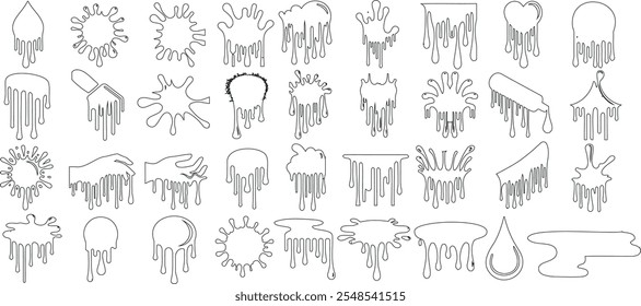  Drip shapes, splatter effects, and splashes in vector doodle style for art projects, stickers, and digital illustrations, featuring hand drawn dripping shapes and liquid motifs