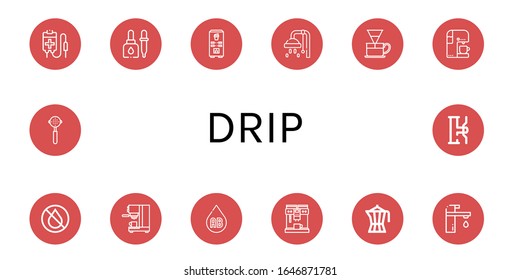 ajuste de iconos simples de goteo. Contiene iconos como Bolso de sangre, Cuentagotas, Cafetera, Ducha, Perforadora, Tinta, Cafetera, Tipo de Sangre, Faucet, puede ser usado para web, móvil y logo