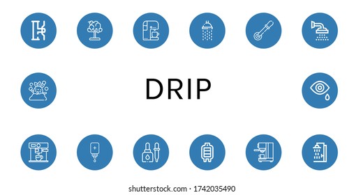 ajuste de iconos simples de goteo. Contiene iconos como Water tap, Melt, Coffee machine, Shower, Pipette, Coffmaker, Intravenous saline drip, Eyedropper, que se pueden usar para web, móvil y logotipo