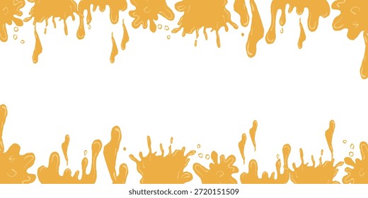 Borde de salpicadura de goteo, marco de comida audaz. Salpicadura de oro, borde líquido decorativo. Marco de salpicadura de pintura para embalaje, etiquetas