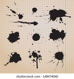 Drip splatter paint; grunge vector template with black paint ink splashes. 