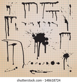 Drip Splatter Paint; Grunge Vector Template With Black Paint Ink Splashes. 