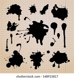 Drip splatter paint; grunge vector template with black paint ink splashes. 