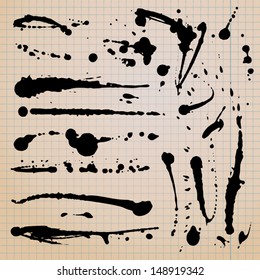 Drip splatter paint; grunge vector template with black paint ink splashes. 