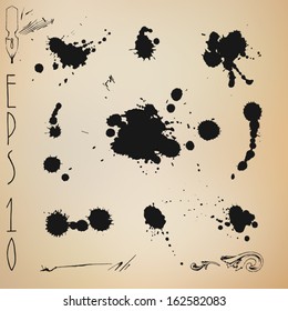 Drip splatter paint; grunge vector template with black paint ink splashes. 