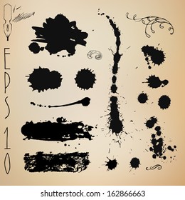 Drip splatter paint; grunge vector template with black splat paint and ink splashes. 