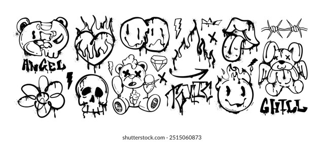 Pulverizar tinta de spray elementos de grafite de urso, coração de fogo, boca aberta e língua, chama de rocha, sorriso derretendo faces emoji e ícone do crânio. Símbolos gráficos de tinta grunge, slogan ou adesivo preto de rua