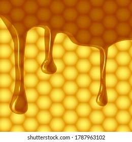 Drip vector, Honey dripping over blurry yellow honeycomb vector, bokeh hexagon vector background, template for honey industry, realistically looking flowing honey, online store, food vector