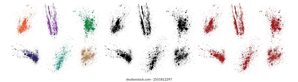 Drip vector paint ink grunge texture green, red, purple, blue, pink, and black color blood splatters background set
