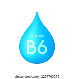 Drip vitamin B6 blue icon 3D isolated on a white background. Drop minerals and vitamins complex realistic. Used for nutrition products food. Medical scientific concepts. Vector EPS10 illustration.