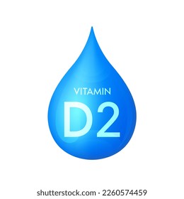 Drip vitamin D2 blue icon 3D isolated on a white background. Drop minerals and vitamins complex realistic. Used for nutrition products food. Medical scientific concepts. Vector EPS10 illustration.