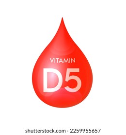 Drip Vitamin D5 rotes Symbol 3D einzeln auf weißem Hintergrund. Tropfen Mineralien und Vitamine komplexe realistisch. Wird für Nahrungsmittel verwendet. Medizinische wissenschaftliche Konzepte. Vektorgrafik EPS10.