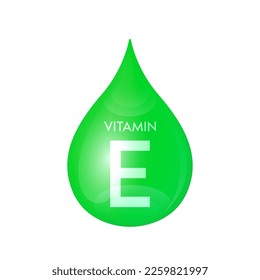 Drip vitamin E green icon 3D isolated on a white background. Drop minerals and vitamins complex realistic. Used for nutrition products food. Medical scientific concepts. Vector EPS10 illustration.