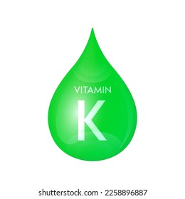 Drip vitamin K green icon 3D isolated on a white background. Drop minerals and vitamins complex realistic. Used for nutrition products food. Medical scientific concepts. Vector EPS10 illustration.