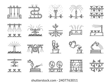 Drip water irrigation system icons. Garden and farm field sprinkler, irrigate technology. Farmland drip watering automatic system, garden aquaponics equipment outline vector pictograms or line signs