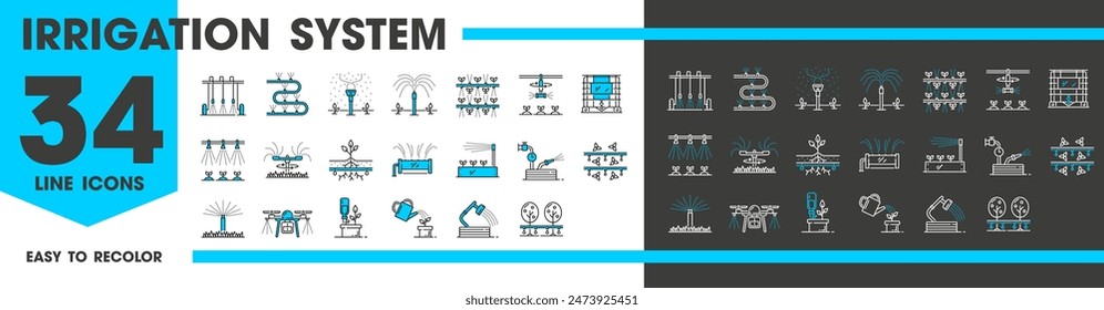 Iconos de línea de sistema de riego por goteo de aspersores de jardín y campo de granja, tecnología de riego por Vector. Iconos del sistema de riego de la manguera de la tubería de riego y el rociador del espray para la agricultura y la agricultura