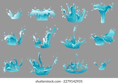 Drip water set concept in the flat cartoon design on the grey background. Image of water splashes and drops. Vector illustration.