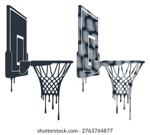 Dripping basketball hoop, dark shadow, unique abstract texture, flowing net.