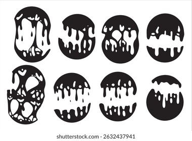 Dripping black blobs in surreal horror style. Melting circle silhouettes for spooky and graphic designs.