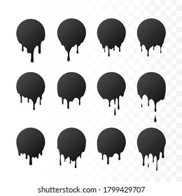 Dripping black circles. Dripping liquid. Liquid drops of ink. Vector illustration isolated on transparent background