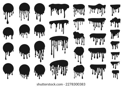 Dripping black ink set graphic elements in flat design. Bundle of different spots with flowing drops of round shape and border templates, liquid paint stains. Vector illustration isolated objects