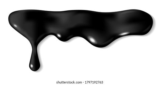 Dripping black liquid icing drop. Black Friday or Halloween design. Oozing fluid paint. 3d realistic vector illustration isolated on white background.
