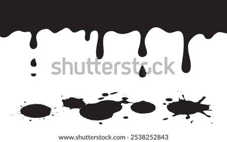 Dripping black liquid paint, ink or sauce. Silhouette of melt chocolate, oil or honey flow, drops and splash. Black blood stains with splatter isolated on white background, vector illustration