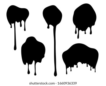 Dripping blobs. Black ink drops. Flat paint spots. Isolated flow oil or dark slime vector illustration.