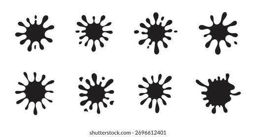 Goteando gotas. Gotas de tinta negra. Manchas planas de pintura. Aceite de flujo aislado o Ilustración vectorial de limo oscuro.