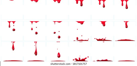 Dripping blood animation. Red paint splash for game, murder or crime scene with bloody splatter, halloween horror decoration for holiday celebration isolated set vector illustration