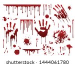 Dripping blood. Halloween bloody splatter spots and bleeding hand traces.  Collection various  red paint splatter, isolated on white background.