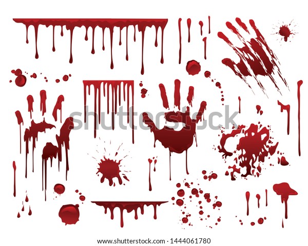 Dripping blood. Halloween bloody splatter\
spots and bleeding hand traces.  Collection various  red paint\
splatter, isolated on white\
background.
