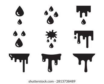 Dripping blood and liquid drop icons set in a minimalist black silhouette style