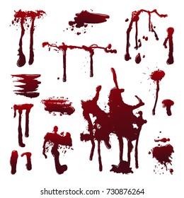 Dripping blood on isolated background. Set of dripping blood drops and trail, smear, splash, dripping. Paint splatters. Abstract vector illustration, design elements for Halloween party banner, flyer