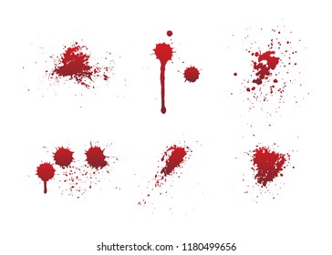 Dripping blood or red paint set isolated on white background. Halloween concept, ink splatter illustration.