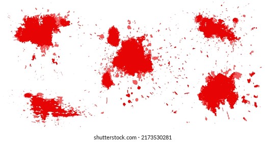 Derrame sangre. Conjunto de diferentes salpicaduras rojas aisladas, gotas y círculos.