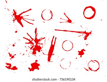 Dripping blood. Set of different isolated red splashes, drops and circles.