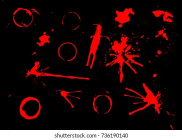 Dripping blood. Set of different isolated red splashes, drops and circles.
