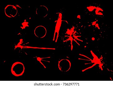 Dripping blood. Set of different isolated red splashes, drops and circles.