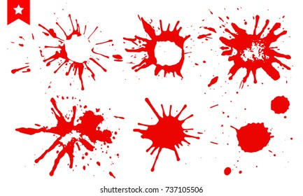Dripping blood. Set of different isolated red splashes, drops and circles.