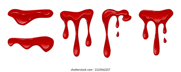 Dripping blood set. Flowing red liquid, red viscous slime. Vector cartoon illustration on a white background.