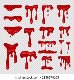 Dripping blood set on a transparent background. Flowing red liquid, red viscous slime. Vector cartoon illustration