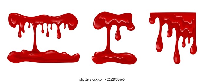 Dripping blood set on a white background. Flowing red liquid, red viscous slime. Vector cartoon illustration.
