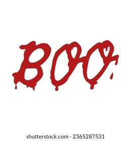 Dripping bloody text Boo, Halloween spooky liquid lettering imitation. Vector typography isolated illustration, t-shirt print design.